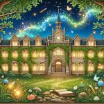 An intricately detailed picture representing a high school in an enchanted setting. The building itself has an antique and charming look which is enhanced by entwined ivy on the walls and magic sparkles emanating from the structure. The surroundings consist of a lush green garden with trees, flowers and shimmering fireflies, all under a sky with twinkling stars. It's a peaceful and enchanting scene that seems straight out of a fairy tale.