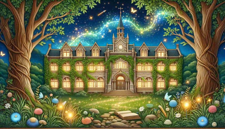 An intricately detailed picture representing a high school in an enchanted setting. The building itself has an antique and charming look which is enhanced by entwined ivy on the walls and magic sparkles emanating from the structure. The surroundings consist of a lush green garden with trees, flowers and shimmering fireflies, all under a sky with twinkling stars. It's a peaceful and enchanting scene that seems straight out of a fairy tale.