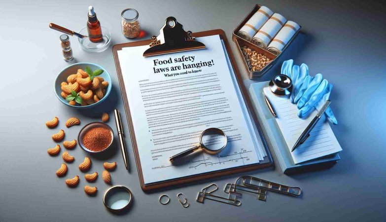 Render a realistic, high-definition image representing the change in food safety laws. This image should include a detailed visual representation of the concept such as a clipboard with a legal document full of modifications or perhaps new food inspection tools. Please incorporate a text banner at the top of this picture stating 'Food Safety Laws Are Changing! What You Need To Know'. Let's also include a well-lit background to add to the overall clarity of the image.