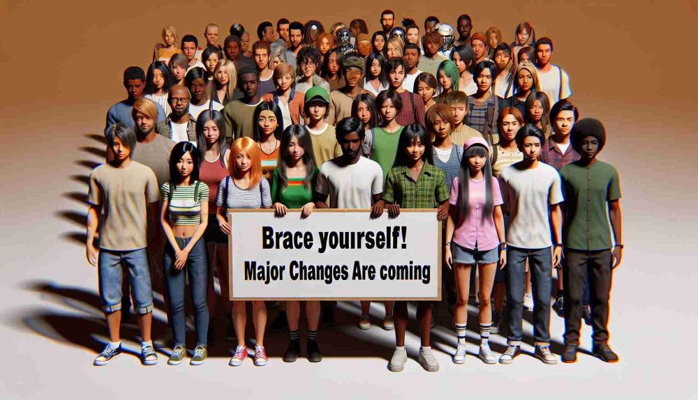 A high-definition, realistic image capturing the excitement of a diverse group of anime fans. The group comprises of individuals from various descents such as Caucasian, Hispanic, Black, Middle-Eastern, and South Asian. They stand anticipating big changes, symbolized by a sign holding the words 'Brace Yourself! Major Changes Are Coming', hinting towards impending updates on their preferred anime platform.