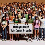 A high-definition, realistic image capturing the excitement of a diverse group of anime fans. The group comprises of individuals from various descents such as Caucasian, Hispanic, Black, Middle-Eastern, and South Asian. They stand anticipating big changes, symbolized by a sign holding the words 'Brace Yourself! Major Changes Are Coming', hinting towards impending updates on their preferred anime platform.