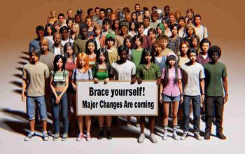 A high-definition, realistic image capturing the excitement of a diverse group of anime fans. The group comprises of individuals from various descents such as Caucasian, Hispanic, Black, Middle-Eastern, and South Asian. They stand anticipating big changes, symbolized by a sign holding the words 'Brace Yourself! Major Changes Are Coming', hinting towards impending updates on their preferred anime platform.