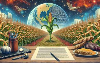 Generate a high-definition, realistic image of a significant achievement for American corn farming. Depict it as a scene where the restrictions on genetically modified corn are being challenged, perhaps with an illustrated legal document or protest. The background could show vast corn fields under a clear, blue sky denoting prosperity and triumph. The location is implicated as Mexico, so use subtle elements that hint to Mexico's culture or environs.