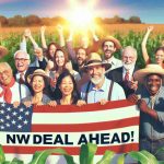 Create a high-definition, realistic image representing a concept of Trade Victory. Show a corn farm in the United States under bright, clear skies, signifying good weather for crop growth. Include a group of farmers of mixed descents (Caucasian, Hispanic, Black, Middle-Eastern, South Asian) and varying genders, who are all smiling and breathing sighs of relief. In their hands, they hold a banner that reads 'New Deal Ahead!', symbolizing progress and prosperity in their industry.