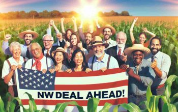 Create a high-definition, realistic image representing a concept of Trade Victory. Show a corn farm in the United States under bright, clear skies, signifying good weather for crop growth. Include a group of farmers of mixed descents (Caucasian, Hispanic, Black, Middle-Eastern, South Asian) and varying genders, who are all smiling and breathing sighs of relief. In their hands, they hold a banner that reads 'New Deal Ahead!', symbolizing progress and prosperity in their industry.