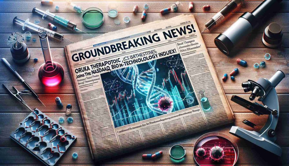 Generate a realistic HD image depicting a print headline. Visualize the words 'Groundbreaking News in Biotech! Oruka Therapeutics Joins the Nasdaq Biotechnology Index!' splashed over the front page of a newspaper. Add a background that includes scientific instruments such as microscope, petri dishes, DNA helix and stock market graphs, illustrating the link between biotechnology and stock market. Focus on making the image suggest innovation, scientific discovery, and financial success.