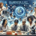 An HD image of a concept that represents 'Collaboration is Key! Changing Lives Through Science Together'. This should ideally depict a diverse mix of scientists of various descents co-operating in a laboratory setting. It should encompass several people – a Caucasian woman working on a microscope, a Hispanic man jotting down the observations, a Black woman inspecting several test tubes, a Middle-Eastern man examining data on a computer, and a South Asian woman giving instructions to the team. Their expressions should reflect strong cooperation, camaraderie and a focus on changing lives for the better through their scientific work.