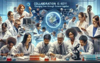 An HD image of a concept that represents 'Collaboration is Key! Changing Lives Through Science Together'. This should ideally depict a diverse mix of scientists of various descents co-operating in a laboratory setting. It should encompass several people – a Caucasian woman working on a microscope, a Hispanic man jotting down the observations, a Black woman inspecting several test tubes, a Middle-Eastern man examining data on a computer, and a South Asian woman giving instructions to the team. Their expressions should reflect strong cooperation, camaraderie and a focus on changing lives for the better through their scientific work.