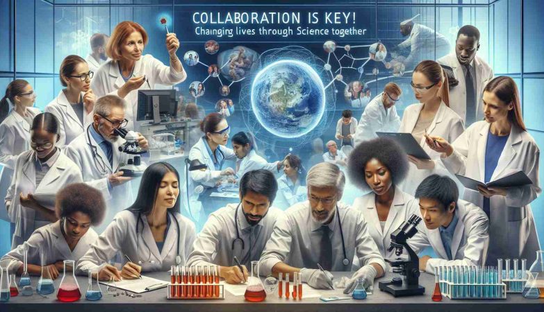 An HD image of a concept that represents 'Collaboration is Key! Changing Lives Through Science Together'. This should ideally depict a diverse mix of scientists of various descents co-operating in a laboratory setting. It should encompass several people – a Caucasian woman working on a microscope, a Hispanic man jotting down the observations, a Black woman inspecting several test tubes, a Middle-Eastern man examining data on a computer, and a South Asian woman giving instructions to the team. Their expressions should reflect strong cooperation, camaraderie and a focus on changing lives for the better through their scientific work.