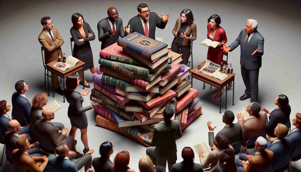 A high-definition, realistic image of a scene depicting a debate about censorship. It is centered around a book ban. On one side, there's a pile of banned books - their covers are vague and don't reveal the actual titles. On the other side, there's a group of diverse people passionately discussing whether this action is just. Among them, an Asian woman, a Black man, a Caucasian man, and a Middle-Eastern woman can be seen expressing their opinions. Note that the scene is a metaphorical representation and does not aim to depict any specific real event or person.