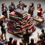 A high-definition, realistic image of a scene depicting a debate about censorship. It is centered around a book ban. On one side, there's a pile of banned books - their covers are vague and don't reveal the actual titles. On the other side, there's a group of diverse people passionately discussing whether this action is just. Among them, an Asian woman, a Black man, a Caucasian man, and a Middle-Eastern woman can be seen expressing their opinions. Note that the scene is a metaphorical representation and does not aim to depict any specific real event or person.