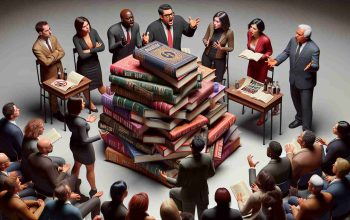 A high-definition, realistic image of a scene depicting a debate about censorship. It is centered around a book ban. On one side, there's a pile of banned books - their covers are vague and don't reveal the actual titles. On the other side, there's a group of diverse people passionately discussing whether this action is just. Among them, an Asian woman, a Black man, a Caucasian man, and a Middle-Eastern woman can be seen expressing their opinions. Note that the scene is a metaphorical representation and does not aim to depict any specific real event or person.