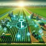 Create an image that portrays unlocking agricultural innovation as a way to secure global food security. The scene should depict high-tech farming practices, laden with modern machinery, advanced crop monitoring systems, efficient irrigation techniques, and genetically enhanced crops thriving in lush fields. A large symbolic key is placed in the center of the vivid green fields, symbolizing the unlocking of agricultural innovation. The image should be of a High Definition (HD) standard, with a clear emphasis on the realistic rendition of each element.