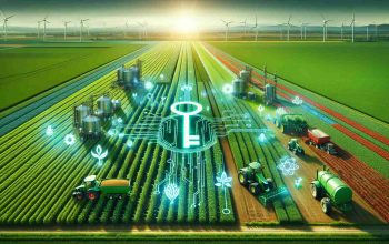 Create an image that portrays unlocking agricultural innovation as a way to secure global food security. The scene should depict high-tech farming practices, laden with modern machinery, advanced crop monitoring systems, efficient irrigation techniques, and genetically enhanced crops thriving in lush fields. A large symbolic key is placed in the center of the vivid green fields, symbolizing the unlocking of agricultural innovation. The image should be of a High Definition (HD) standard, with a clear emphasis on the realistic rendition of each element.