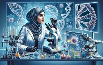 Create a high-definition, realistic illustration that captures the theme of 'Revolutionizing Biotechnology: A Woman’s Quest for Change'. Detail a Middle Eastern woman scientist engrossed in her research, surrounded by cutting-edge biotech equipment in a state-of-the-art laboratory. Include microscopes, DNA sequences, computer screens with futuristic diagrams and biotech models. The woman is determined, with an expression of deep focus and a hint of excitement underlined by her belief in the power of change. She is wearing a lab coat and protective glasses, pointing towards a DNA model while some new ideas or hypotheses are forming in her mind.