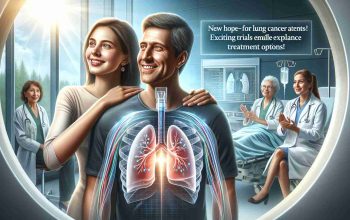 A high-definition, realistic illustration portraying hope and triumph associated with an expanded range of treatment options available. The main focal point should be two adult patients, a Caucasian female and Hispanic male, who have undergone lung cancer treatments, exuding positivity and relief. The surrounding environment should be a clinically clean and modern hospital room with various medical equipment characteristic of oncology departments. Weave in elements symbolizing hope - such as sunlight streaming through a window or a plant that's growing. Don't forget to include text on the image which reads, 'New Hope for Lung Cancer Patients! Exciting Trials Expand Treatment Options!'