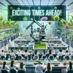 A vivid, high-resolution image depicting a modern biotechnology laboratory revolutionizing the field of education. The space is filled with advanced lab equipment, such as microscopes, lab coats, petri dishes, automated pipettes, and glass beakers, contrasting with the abundant lush green indoor plants, signifying the blend of technology and nature. There are several diverse scientists, of different genders and descents, including Asian, Caucasian, Hispanic, South Asian, Black, and Middle-Eastern, all energetically engaged in their experiments, signifying an air of excitement and anticipation. Bold letters stating, 'Exciting Times Ahead!', foreshadow the transformative potential of this laboratory.