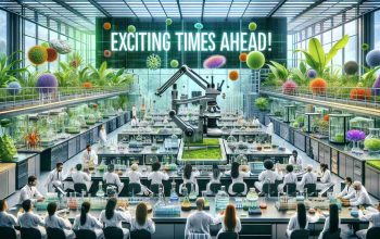 A vivid, high-resolution image depicting a modern biotechnology laboratory revolutionizing the field of education. The space is filled with advanced lab equipment, such as microscopes, lab coats, petri dishes, automated pipettes, and glass beakers, contrasting with the abundant lush green indoor plants, signifying the blend of technology and nature. There are several diverse scientists, of different genders and descents, including Asian, Caucasian, Hispanic, South Asian, Black, and Middle-Eastern, all energetically engaged in their experiments, signifying an air of excitement and anticipation. Bold letters stating, 'Exciting Times Ahead!', foreshadow the transformative potential of this laboratory.