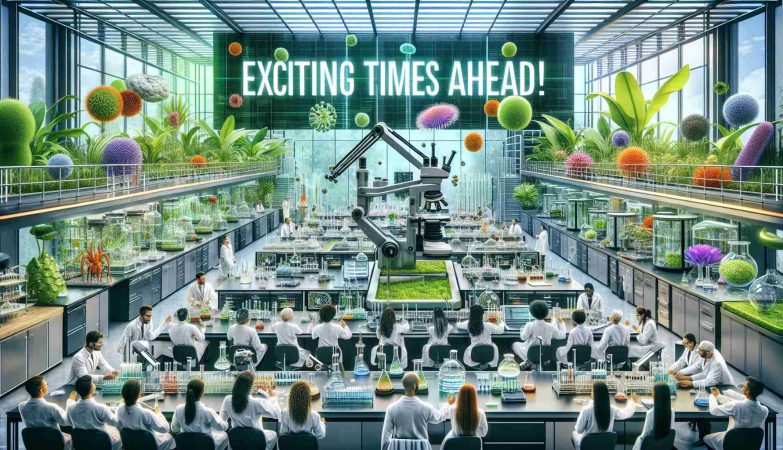 A vivid, high-resolution image depicting a modern biotechnology laboratory revolutionizing the field of education. The space is filled with advanced lab equipment, such as microscopes, lab coats, petri dishes, automated pipettes, and glass beakers, contrasting with the abundant lush green indoor plants, signifying the blend of technology and nature. There are several diverse scientists, of different genders and descents, including Asian, Caucasian, Hispanic, South Asian, Black, and Middle-Eastern, all energetically engaged in their experiments, signifying an air of excitement and anticipation. Bold letters stating, 'Exciting Times Ahead!', foreshadow the transformative potential of this laboratory.