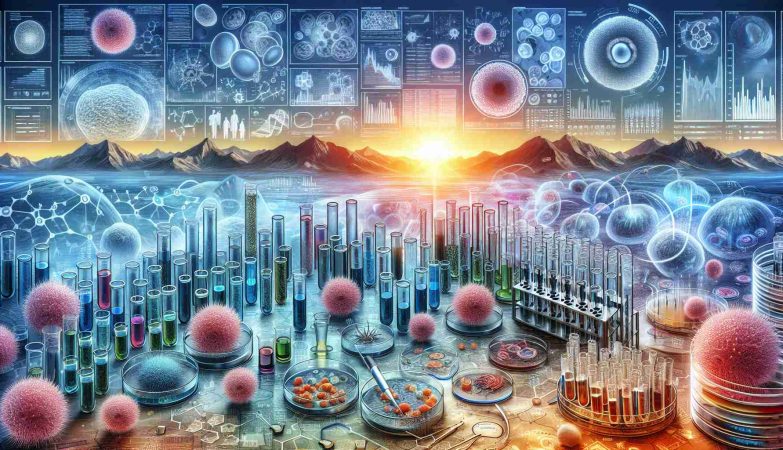 Detailed depiction of a breakthrough in cancer treatment. The image should be symbolic of innovation and horizon of hope. Visually show a multitude of test tubes and petri dishes abuzz with action, some containing microscopic views of cell samples, reactions, and the testing process detail. In the background, let there be a pictorial representation of scientific data, charts, and graphs depicting significant positive results. Make sure to include a tableau of a rising sun over the horizon, conveying a new dawn for cancer treatment. Ensure the image is realistic and high definition.