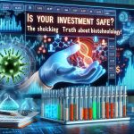 A realistic high-definition image capturing a scene related to investment safety. It includes a startling reveal of relevant information about biotechnology companies. In the foreground, there's a prominently displayed phrase saying 'Is Your Investment Safe? The Shocking Truth About Biotechnology!'. The backdrop includes stock market charts in various hues of blues and greens, and graphic elements hinting towards the biotechnology field – DNA helix, microscopic organisms, laboratory equipment and more.