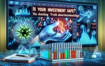 A realistic high-definition image capturing a scene related to investment safety. It includes a startling reveal of relevant information about biotechnology companies. In the foreground, there's a prominently displayed phrase saying 'Is Your Investment Safe? The Shocking Truth About Biotechnology!'. The backdrop includes stock market charts in various hues of blues and greens, and graphic elements hinting towards the biotechnology field – DNA helix, microscopic organisms, laboratory equipment and more.