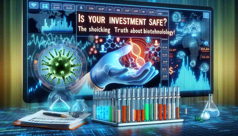 A realistic high-definition image capturing a scene related to investment safety. It includes a startling reveal of relevant information about biotechnology companies. In the foreground, there's a prominently displayed phrase saying 'Is Your Investment Safe? The Shocking Truth About Biotechnology!'. The backdrop includes stock market charts in various hues of blues and greens, and graphic elements hinting towards the biotechnology field – DNA helix, microscopic organisms, laboratory equipment and more.