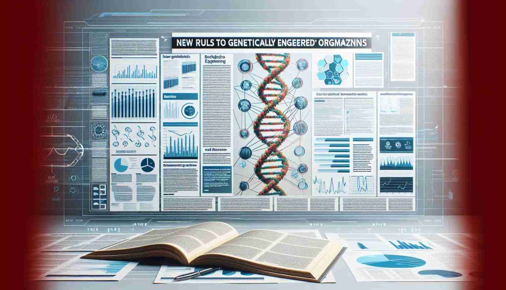 Generate an image depicting the concept of the major shift in USDA guidelines related to genetically engineered organisms. This should be set in the context of a news article under the headline 'New Rules for Genetically Engineered Organisms', showing documents, charts, or infographics related to these new rules and guidelines. The image should have a realistic aesthetic and display in high-definition quality.