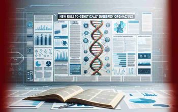 Generate an image depicting the concept of the major shift in USDA guidelines related to genetically engineered organisms. This should be set in the context of a news article under the headline 'New Rules for Genetically Engineered Organisms', showing documents, charts, or infographics related to these new rules and guidelines. The image should have a realistic aesthetic and display in high-definition quality.