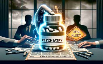 A high resolution, realistic image representing a significant event in the psychiatric field. The concept visualizes a large pharmaceutical company making an assertive strategy change in psychiatry. A metaphorical 'Deal Alert' sign is prominently featured, indicating the momentous impact of this move on the industry.