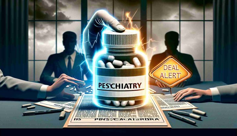 A high resolution, realistic image representing a significant event in the psychiatric field. The concept visualizes a large pharmaceutical company making an assertive strategy change in psychiatry. A metaphorical 'Deal Alert' sign is prominently featured, indicating the momentous impact of this move on the industry.