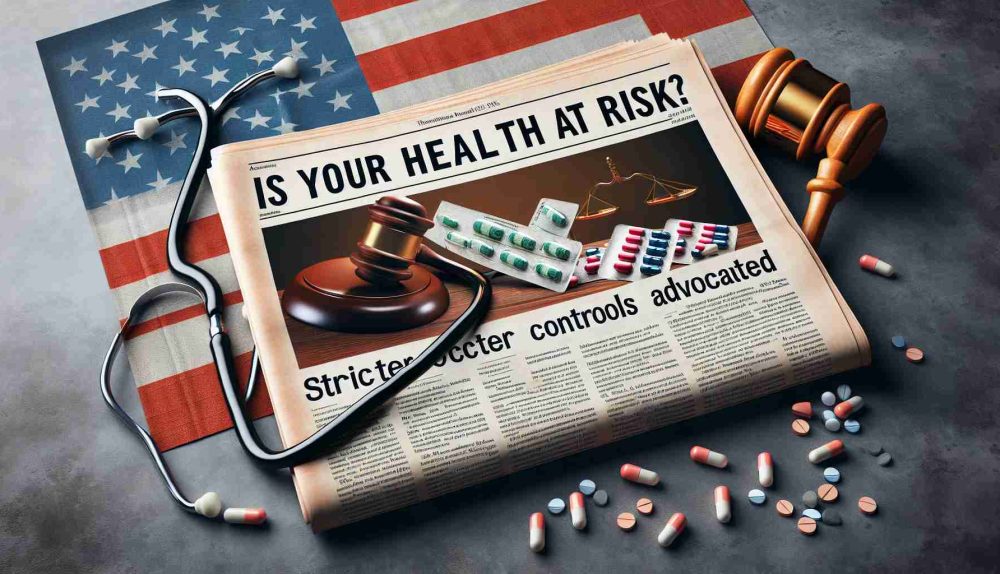 High-definition realistic image of a newspaper headline reading 'Is Your Health at Risk? Stricter Controls Advocated' with a prominent picture of legal gavels, medical symbols like stethoscope and pills, juxtaposed on a background of the American flag, depicting the intertwining of the healthcare and legislative sectors in the United States.