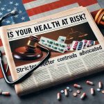 High-definition realistic image of a newspaper headline reading 'Is Your Health at Risk? Stricter Controls Advocated' with a prominent picture of legal gavels, medical symbols like stethoscope and pills, juxtaposed on a background of the American flag, depicting the intertwining of the healthcare and legislative sectors in the United States.