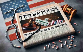 High-definition realistic image of a newspaper headline reading 'Is Your Health at Risk? Stricter Controls Advocated' with a prominent picture of legal gavels, medical symbols like stethoscope and pills, juxtaposed on a background of the American flag, depicting the intertwining of the healthcare and legislative sectors in the United States.