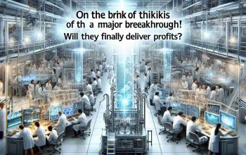 Create a realistic, high-definition image that portrays a hypothetical scene at a biotechnology company on the brink of a major breakthrough. The scene includes a bustling laboratory with people wearing lab coats, huddled around complex scientific equipment. There is a palpable sense of anticipation and excitement. Then, overlay text on the image that reads: 'On the Brink of a Major Breakthrough! Will They Finally Deliver Profits?'