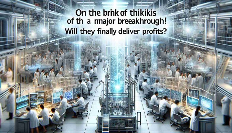 Create a realistic, high-definition image that portrays a hypothetical scene at a biotechnology company on the brink of a major breakthrough. The scene includes a bustling laboratory with people wearing lab coats, huddled around complex scientific equipment. There is a palpable sense of anticipation and excitement. Then, overlay text on the image that reads: 'On the Brink of a Major Breakthrough! Will They Finally Deliver Profits?'