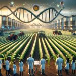 High-definition, realistic image depicting the future concept of farming, showcasing the revolutionary transformation due to booming biotechnology trends. The scene includes a large, futuristic agricultural field: rows of genetically modified crops thrive under advanced, automated farming machinery, overseen by multi-racial male and female scientists in lab coats, observing and recording the progress. Perhaps in the foreground, there could be a DNA helix or bio-engineered seeds to represent genetics. In the background, large bioreactors and a lab could be visible, embodying the advancements in biotech farm management.