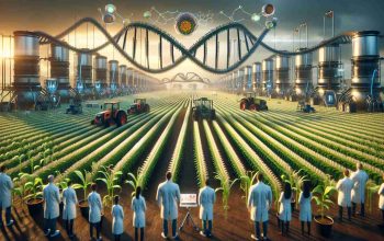 High-definition, realistic image depicting the future concept of farming, showcasing the revolutionary transformation due to booming biotechnology trends. The scene includes a large, futuristic agricultural field: rows of genetically modified crops thrive under advanced, automated farming machinery, overseen by multi-racial male and female scientists in lab coats, observing and recording the progress. Perhaps in the foreground, there could be a DNA helix or bio-engineered seeds to represent genetics. In the background, large bioreactors and a lab could be visible, embodying the advancements in biotech farm management.