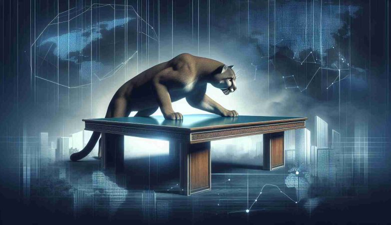 Generate a realistic, high-definition image depicting a metaphorical scene of a puma, symbolizing Puma Biotechnology, attempting to turn an immense table. Render the setting with a corporate background to imply the business world. Include a shadowy area behind to suggest hidden risks. Utilize graphic elements to display the concept of discovery or revelation.